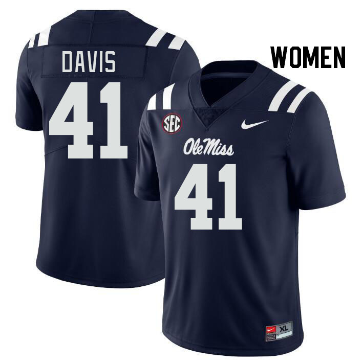 Women #41 Caden Davis Ole Miss Rebels College Football Jerseys Stitched Sale-Navy